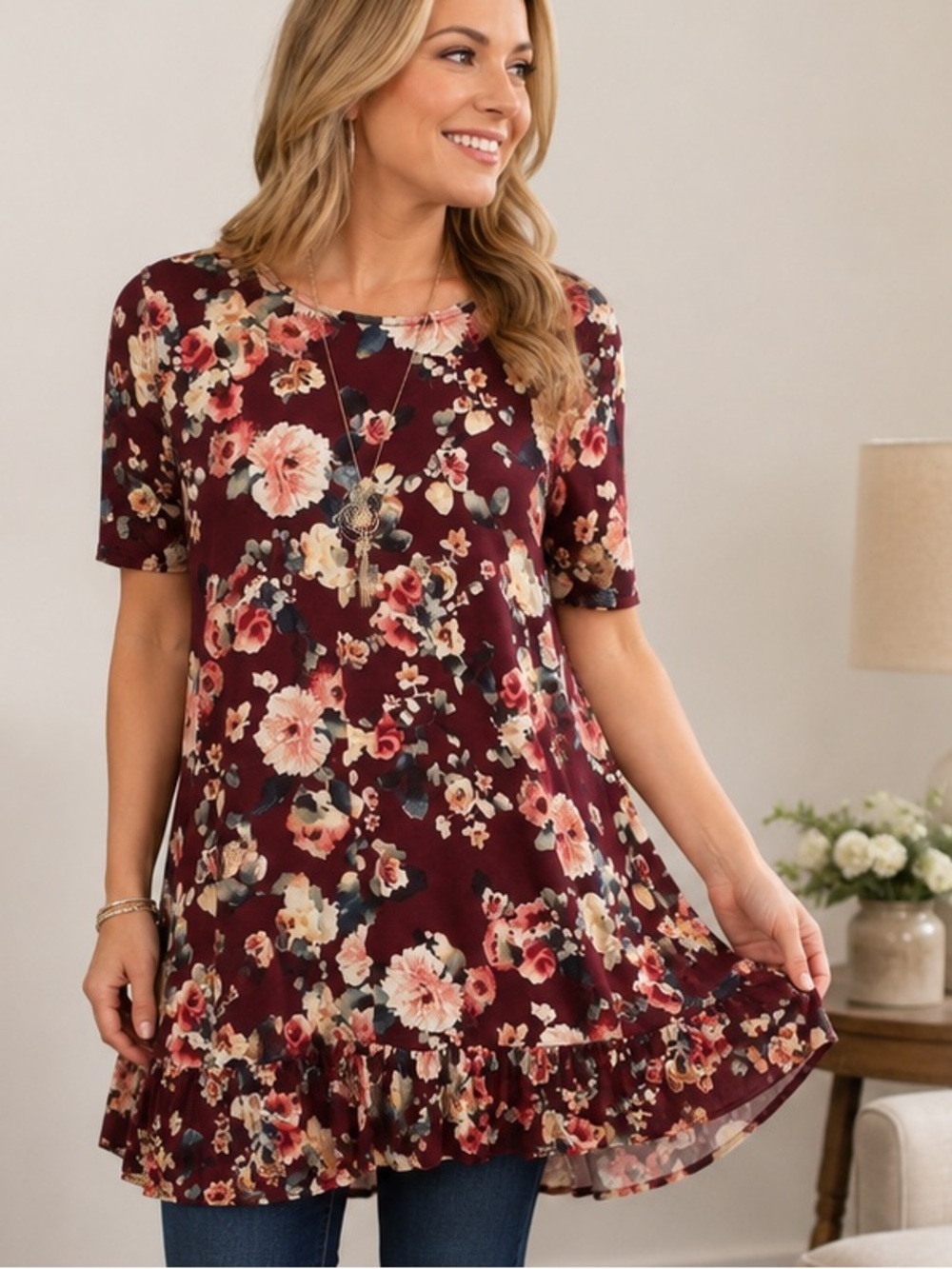 Agnes & Dora Burgundy Floral Ruffle Tunic Top Size Large Rayon Modal Blend